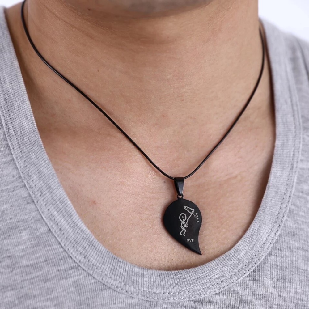Couple Broken Heart Necklace Black Silver Color Boys Girls Choker - Picture 5 of 6